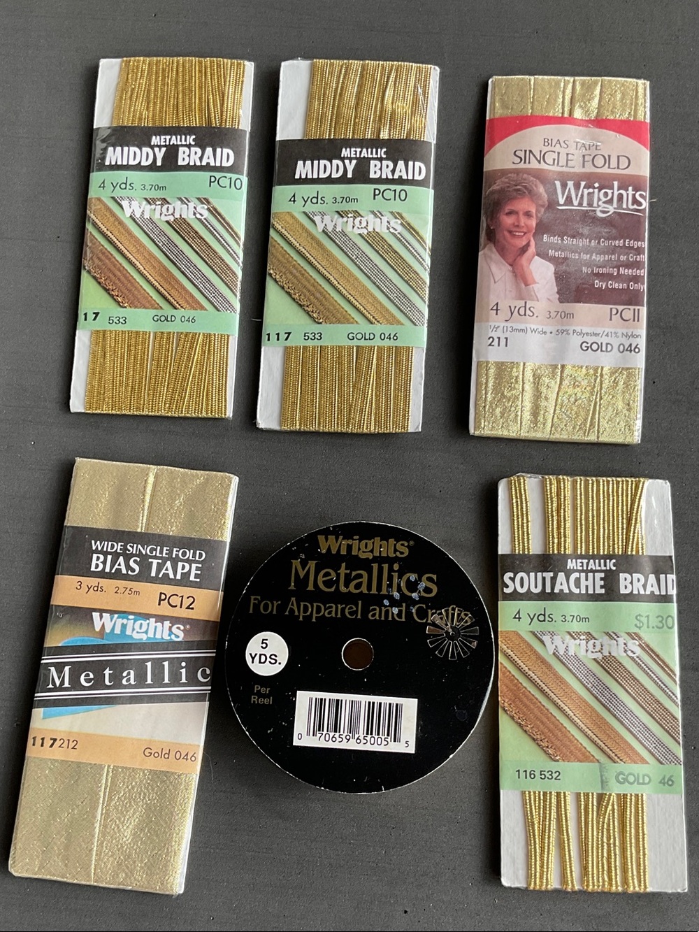 Wrights Metallic Gold Trimmings Bundle - Gold Braids & Bias Tape vintage